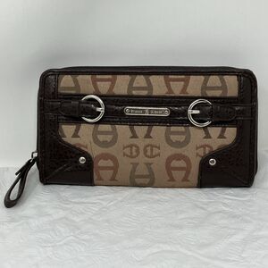 Etiennne Aigner Wallet Logo Fabric With Leather Trim Brown